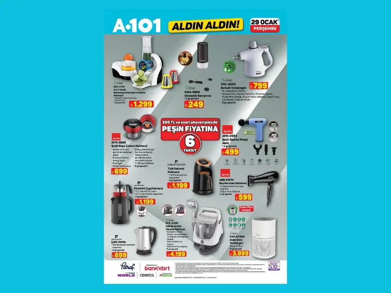 A101 marketlerde Kiwi buharlı temizleyici Aprilla masaj aleti ve hava temizleyici satışta