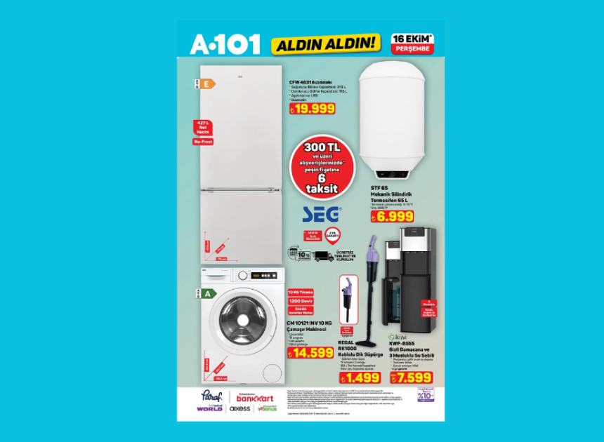 A101 16 Ekim kataloğu buzdolabı çamaşır makinesi dik süpürge ve daha fazlası