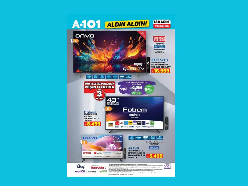 A101 13 Kasım kataloğu Onvo Fobem Hi-Level televizyonlar satacak